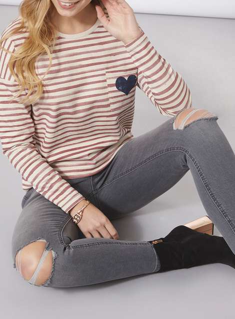 **Only Red And White Stripe Heart Pocket Sweatshirt